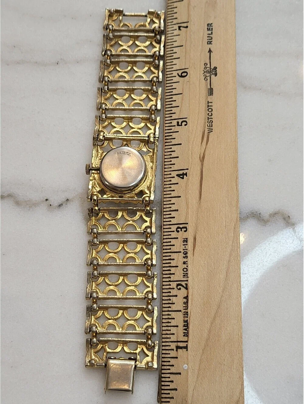 Vtg Clinton Womens Watch Goldtone Wide Bracelet Band Wind Up Works Great EUC 7